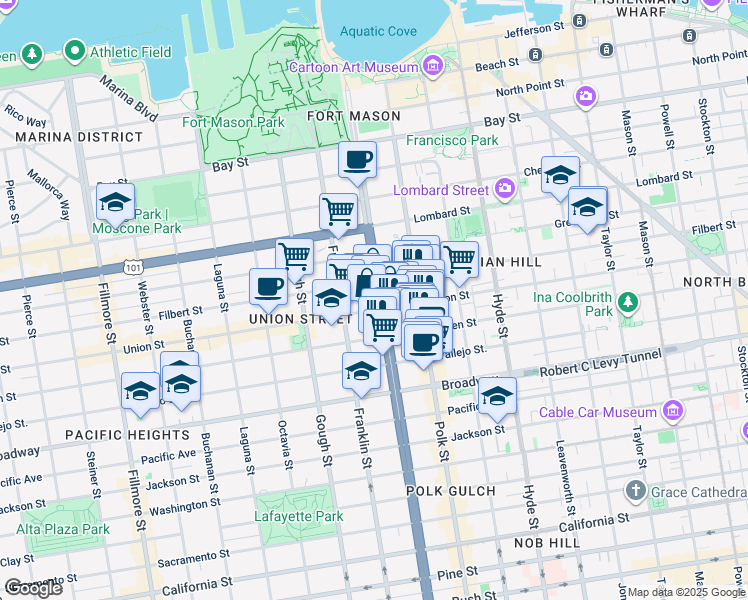 map of restaurants, bars, coffee shops, grocery stores, and more near 2500 Van Ness Avenue in San Francisco