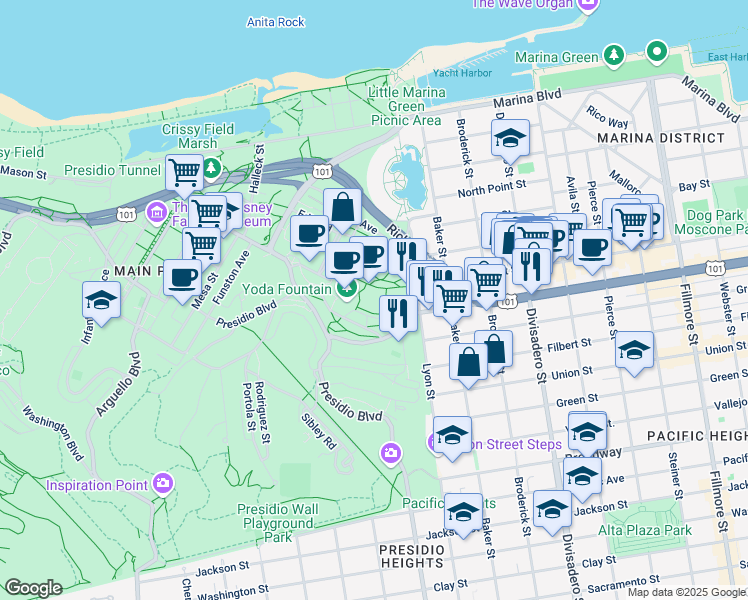 map of restaurants, bars, coffee shops, grocery stores, and more near 1 Letterman Drive in San Francisco