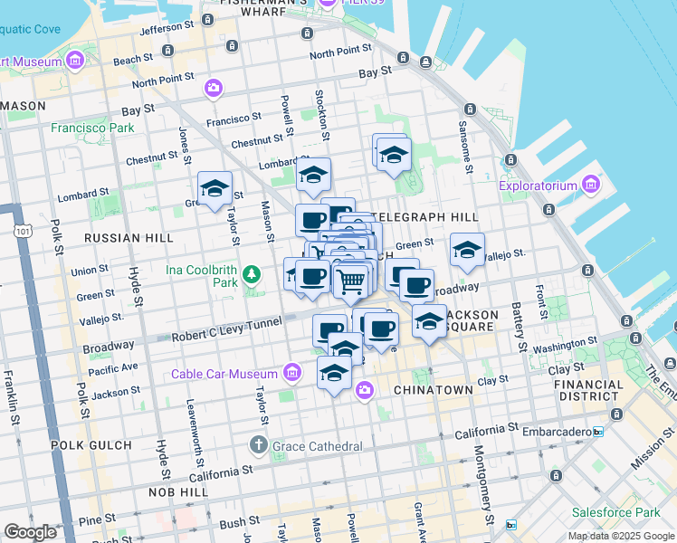 map of restaurants, bars, coffee shops, grocery stores, and more near 729 Vallejo Street in San Francisco