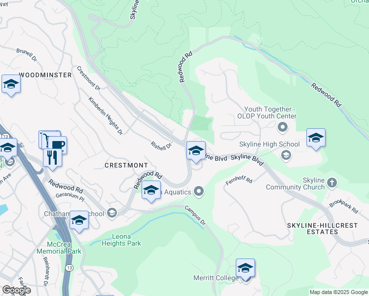 map of restaurants, bars, coffee shops, grocery stores, and more near 11889 Skyline Boulevard in Oakland