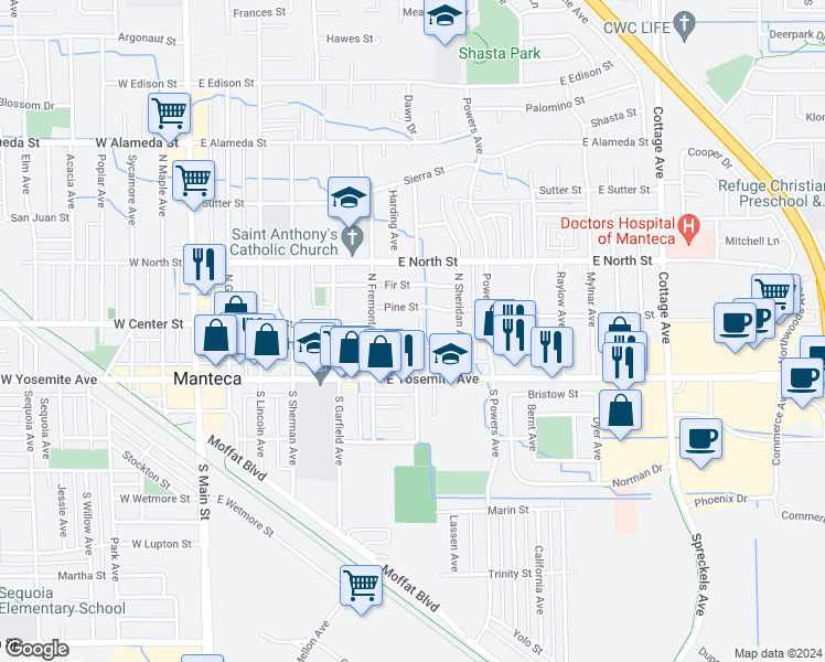 map of restaurants, bars, coffee shops, grocery stores, and more near 721 Stewart Street in Manteca