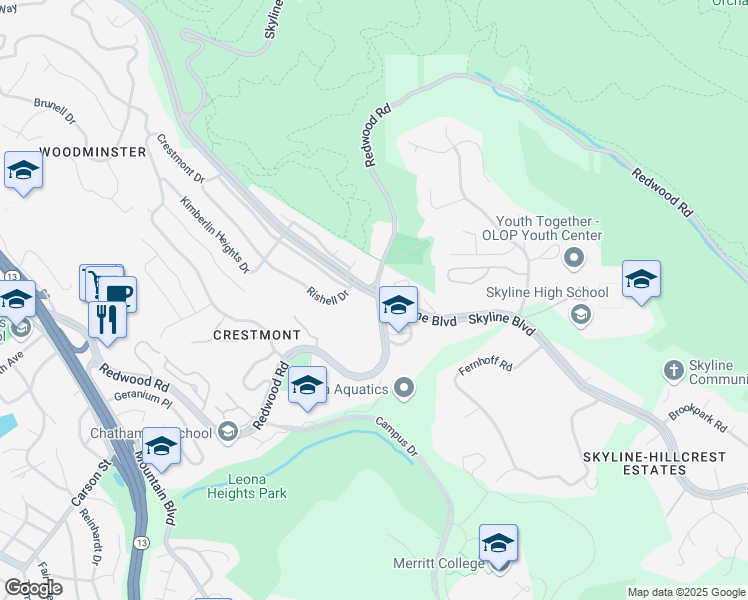 map of restaurants, bars, coffee shops, grocery stores, and more near 11905 Skyline Boulevard in Oakland