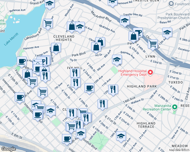 map of restaurants, bars, coffee shops, grocery stores, and more near 2325 10th Avenue in Oakland