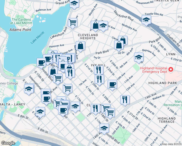 map of restaurants, bars, coffee shops, grocery stores, and more near 717 East 21st Street in Oakland