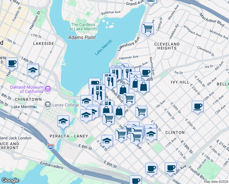 map of restaurants, bars, coffee shops, grocery stores, and more near 1521 3rd Avenue in Oakland