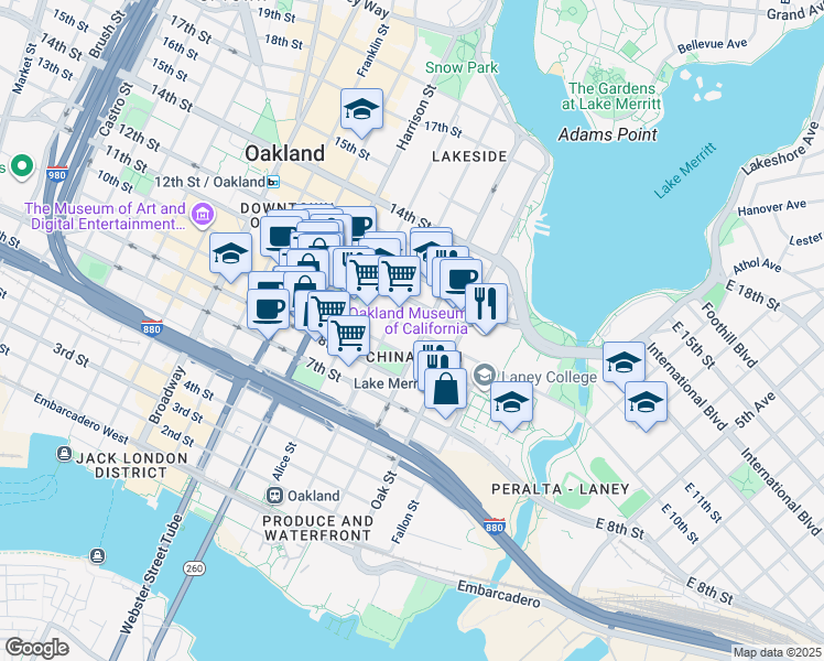 map of restaurants, bars, coffee shops, grocery stores, and more near in Oakland