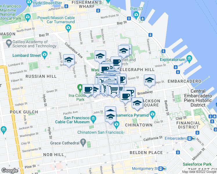 map of restaurants, bars, coffee shops, grocery stores, and more near 729 Vallejo Street in San Francisco