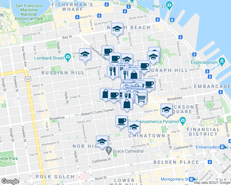 map of restaurants, bars, coffee shops, grocery stores, and more near 1618 Mason Street in San Francisco
