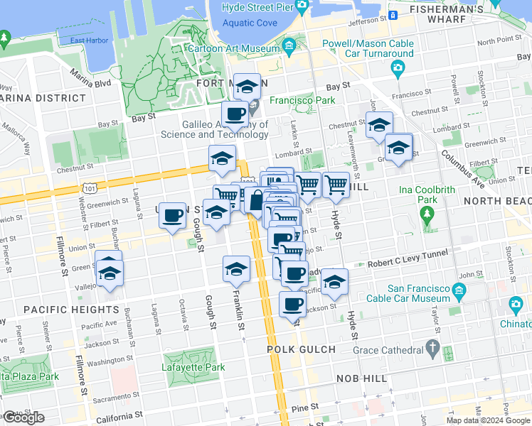 map of restaurants, bars, coffee shops, grocery stores, and more near 2355 Polk Street in San Francisco