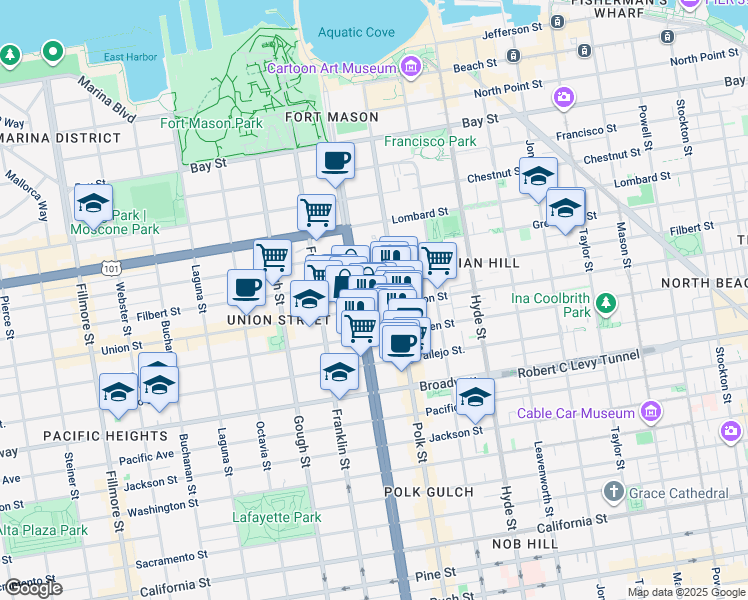 map of restaurants, bars, coffee shops, grocery stores, and more near 2500 Van Ness Avenue in San Francisco