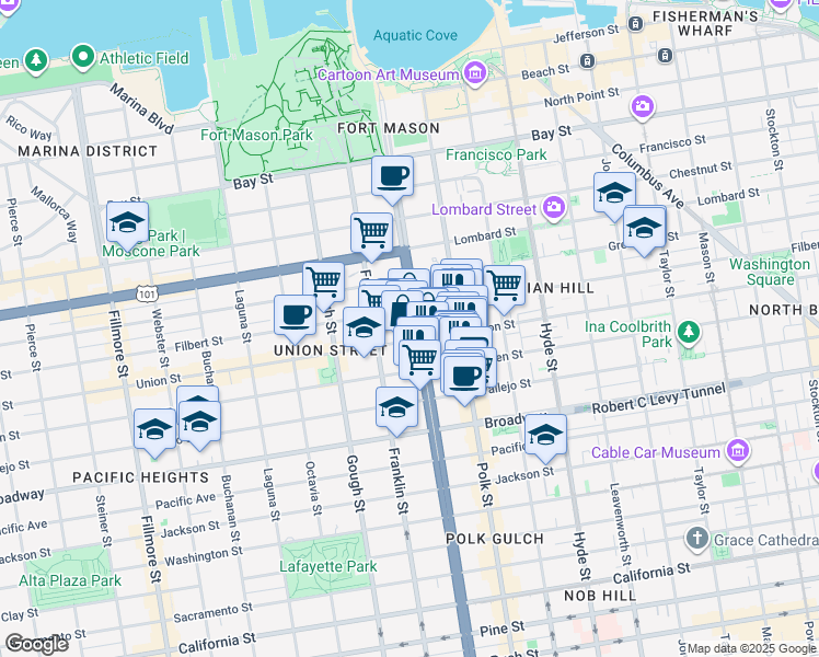 map of restaurants, bars, coffee shops, grocery stores, and more near 2500 Van Ness Avenue in San Francisco