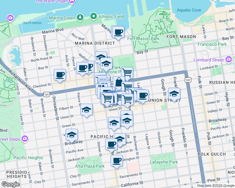 map of restaurants, bars, coffee shops, grocery stores, and more near 113 Pixley Street in San Francisco