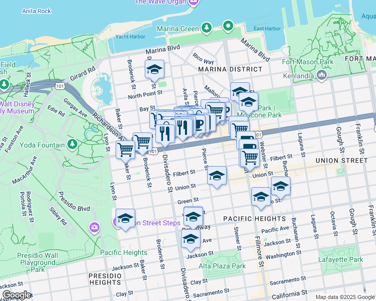 map of restaurants, bars, coffee shops, grocery stores, and more near 2474 Greenwich Street in San Francisco