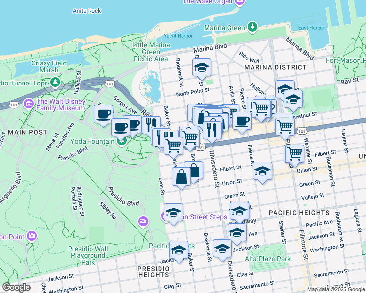 map of restaurants, bars, coffee shops, grocery stores, and more near in San Francisco