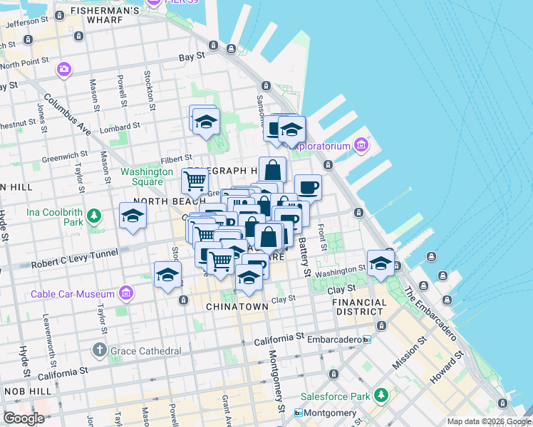 map of restaurants, bars, coffee shops, grocery stores, and more near 2 Prescott Court in San Francisco