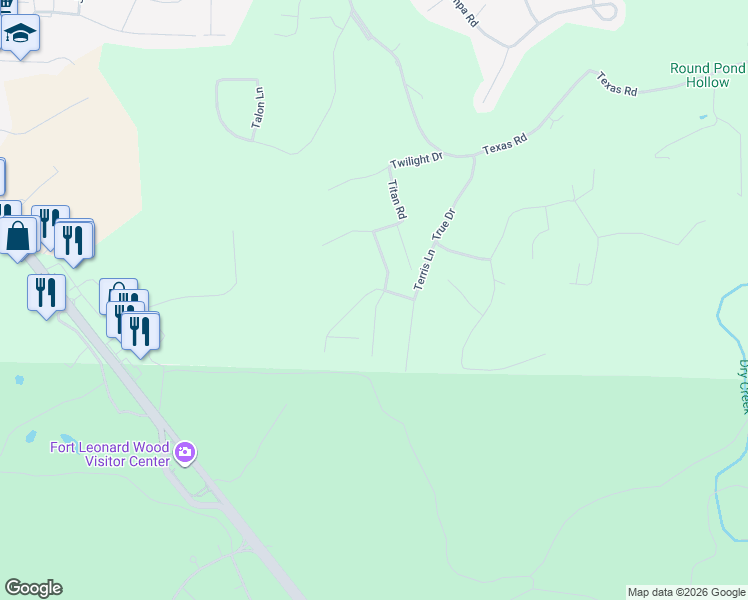 map of restaurants, bars, coffee shops, grocery stores, and more near 24801 Talladega Road in Saint Robert