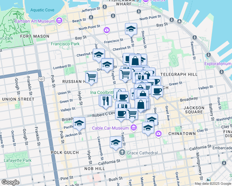 map of restaurants, bars, coffee shops, grocery stores, and more near Green St & Taylor St in San Francisco