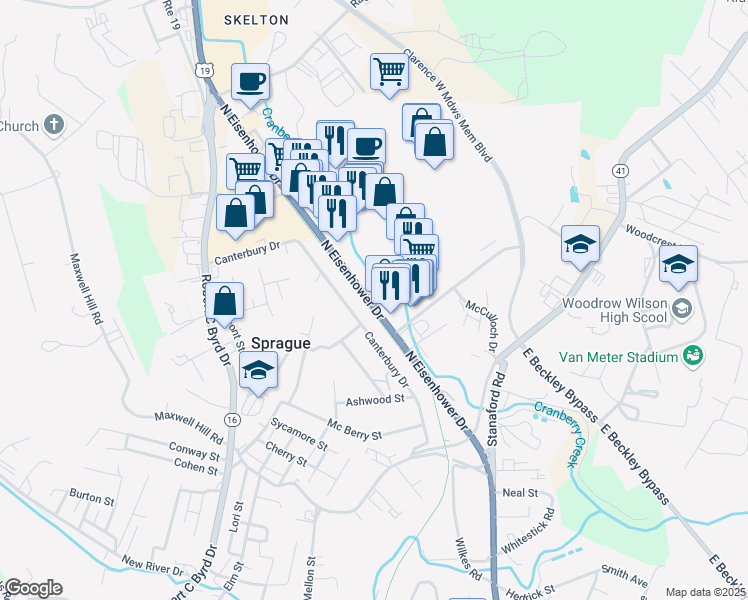 map of restaurants, bars, coffee shops, grocery stores, and more near 1048 North Eisenhower Drive in Beckley