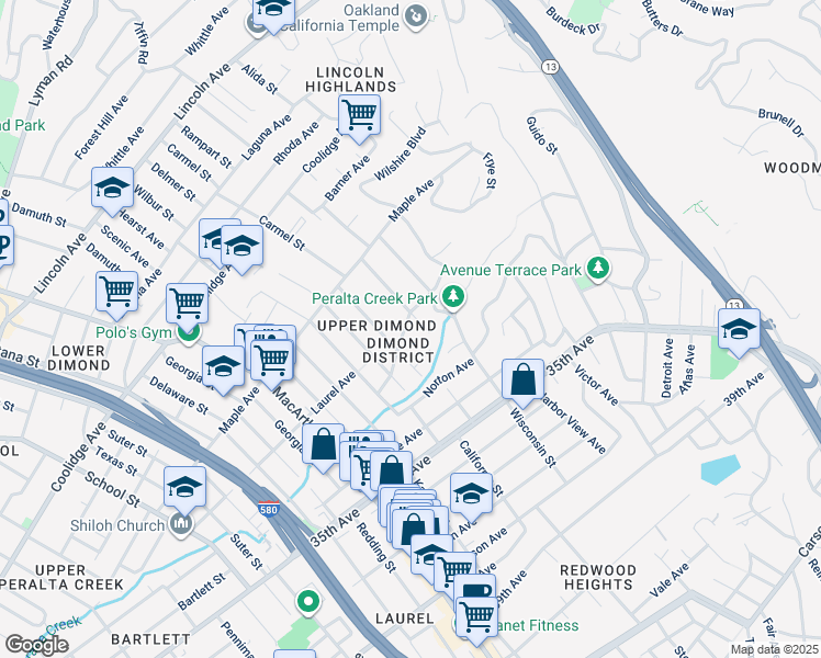 map of restaurants, bars, coffee shops, grocery stores, and more near 4032 Laurel Avenue in Oakland