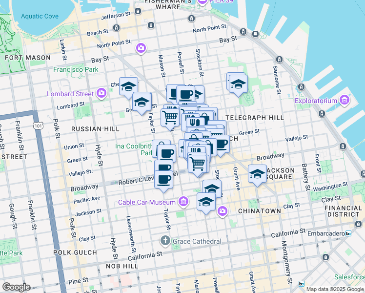 map of restaurants, bars, coffee shops, grocery stores, and more near 757 Green Street in San Francisco