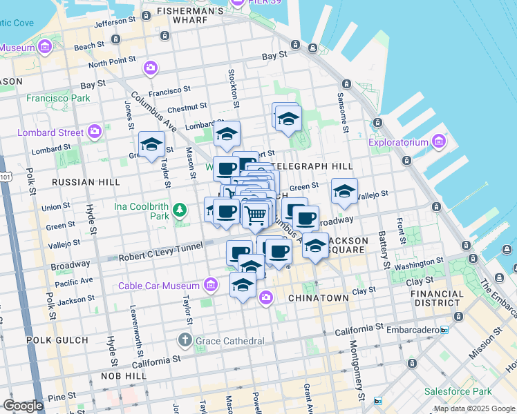 map of restaurants, bars, coffee shops, grocery stores, and more near 729 Vallejo Street in San Francisco