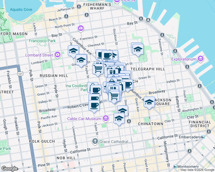 map of restaurants, bars, coffee shops, grocery stores, and more near 1618 Mason Street in San Francisco