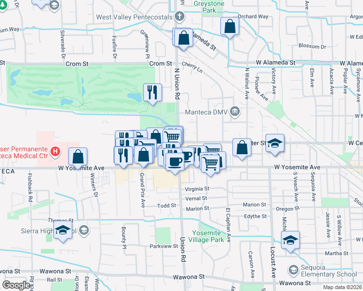 map of restaurants, bars, coffee shops, grocery stores, and more near 1150 West Center Street in Manteca