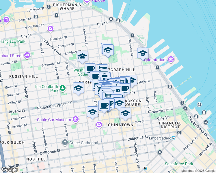 map of restaurants, bars, coffee shops, grocery stores, and more near 566 Vallejo Street in San Francisco