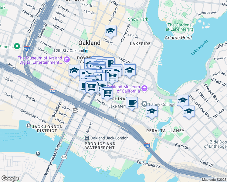 map of restaurants, bars, coffee shops, grocery stores, and more near 212 9th Street in Oakland