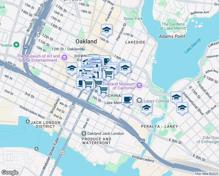 map of restaurants, bars, coffee shops, grocery stores, and more near 212 9th Street in Oakland