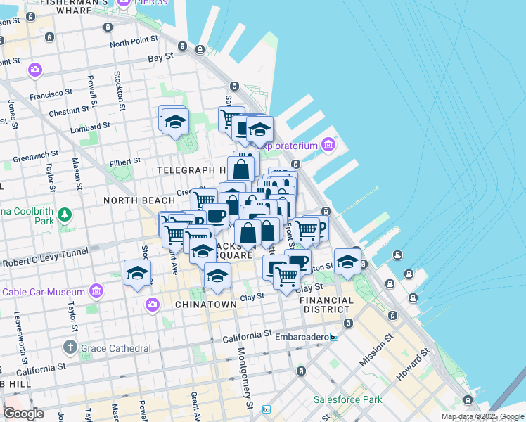 map of restaurants, bars, coffee shops, grocery stores, and more near 825 Battery Street in San Francisco