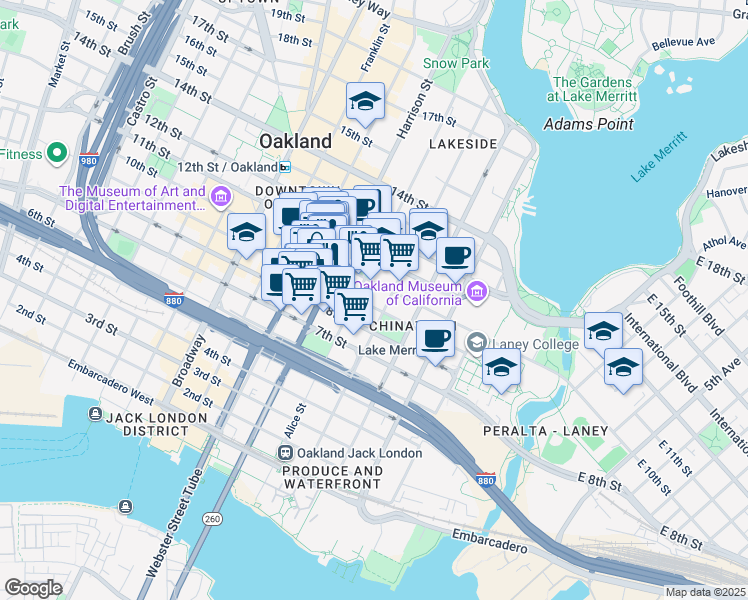 map of restaurants, bars, coffee shops, grocery stores, and more near 825 Jackson Street in Oakland