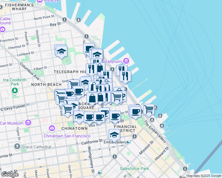 map of restaurants, bars, coffee shops, grocery stores, and more near 100 Broadway in San Francisco