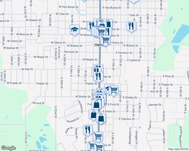 map of restaurants, bars, coffee shops, grocery stores, and more near 424 South 16th Street in Herrin