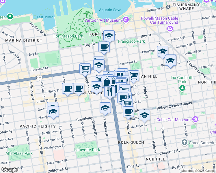map of restaurants, bars, coffee shops, grocery stores, and more near 2500 Van Ness Avenue in San Francisco
