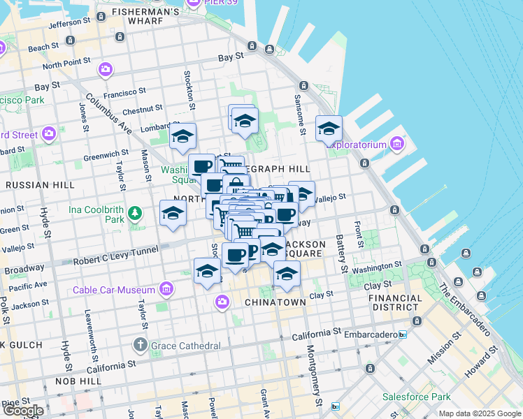 map of restaurants, bars, coffee shops, grocery stores, and more near Kearny St & Vallejo St in San Francisco