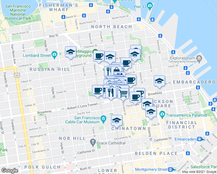 map of restaurants, bars, coffee shops, grocery stores, and more near 1549 Powell Street in San Francisco