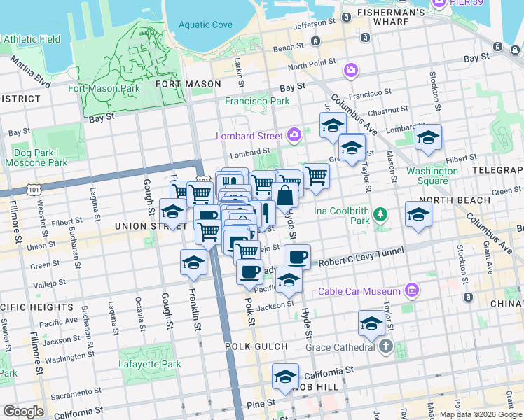 map of restaurants, bars, coffee shops, grocery stores, and more near Union St & Larkin St in San Francisco