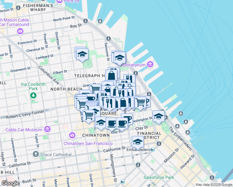 map of restaurants, bars, coffee shops, grocery stores, and more near 250 Broadway in San Francisco