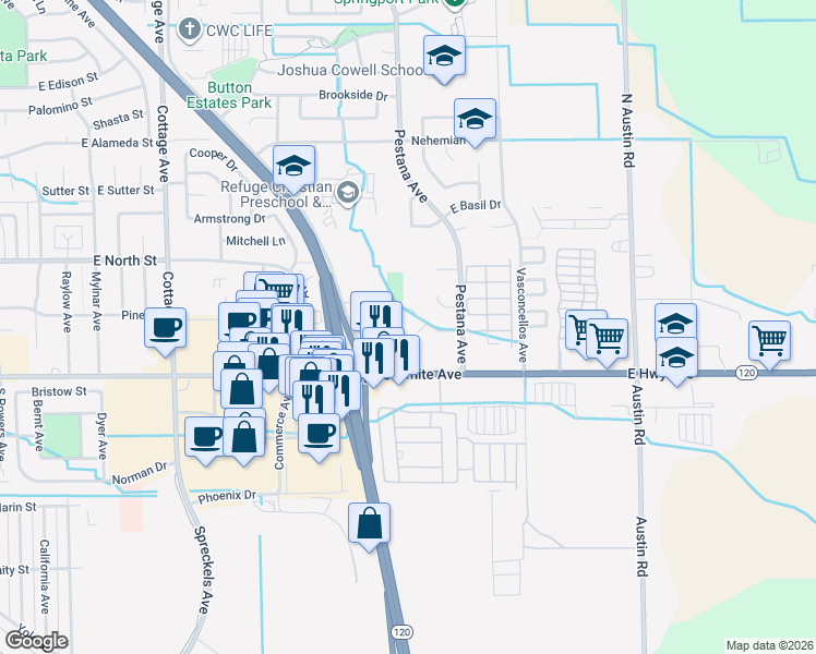 map of restaurants, bars, coffee shops, grocery stores, and more near 1735 East Yosemite Avenue in Manteca