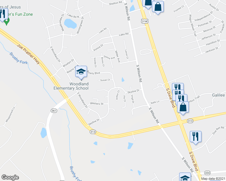 map of restaurants, bars, coffee shops, grocery stores, and more near 145 Skyline Drive in Radcliff