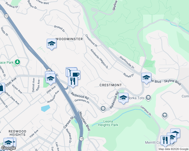 map of restaurants, bars, coffee shops, grocery stores, and more near 93 Van Cleave Way in Oakland
