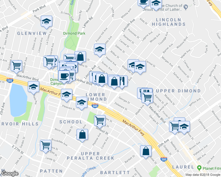 map of restaurants, bars, coffee shops, grocery stores, and more near in Oakland