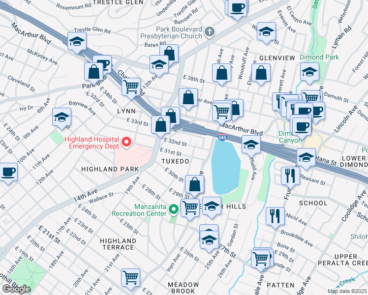 map of restaurants, bars, coffee shops, grocery stores, and more near 1607 East 31st Street in Oakland