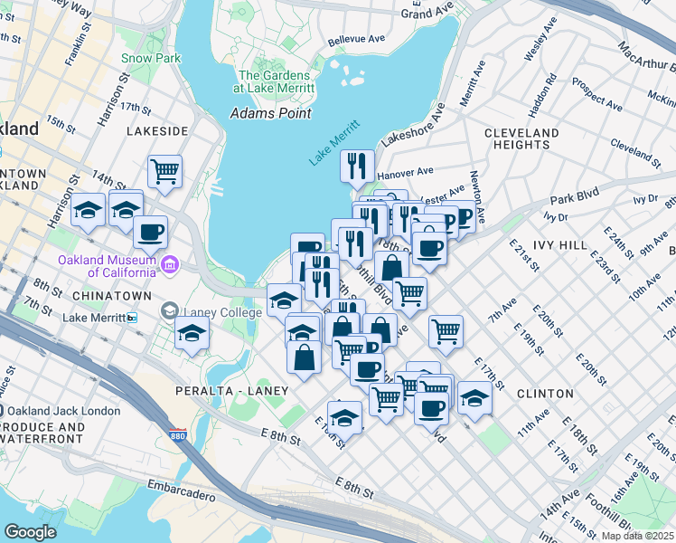 map of restaurants, bars, coffee shops, grocery stores, and more near 1429 2nd Avenue in Oakland