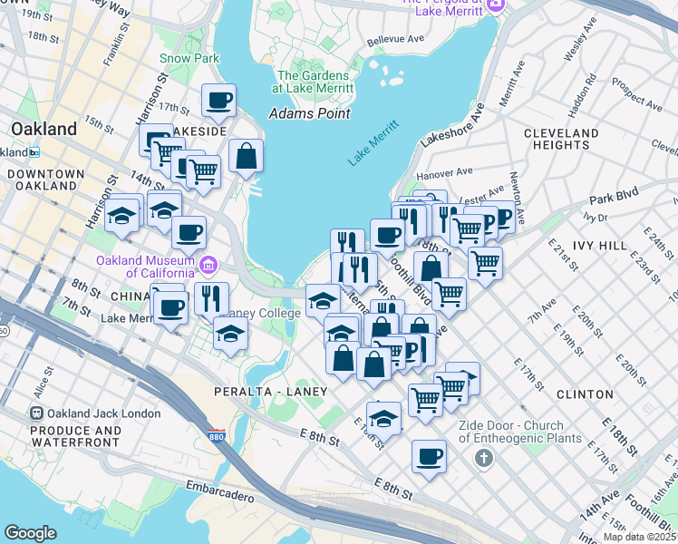 map of restaurants, bars, coffee shops, grocery stores, and more near in Oakland