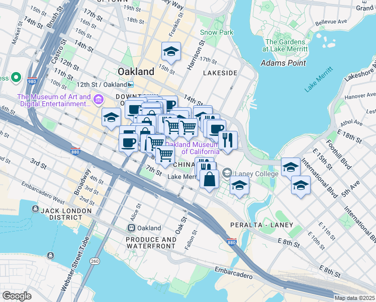 map of restaurants, bars, coffee shops, grocery stores, and more near in Oakland