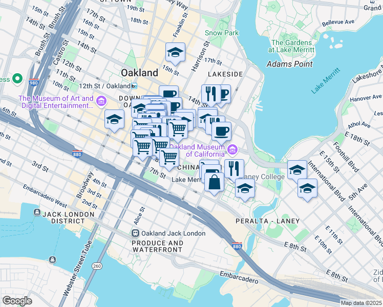 map of restaurants, bars, coffee shops, grocery stores, and more near in Oakland
