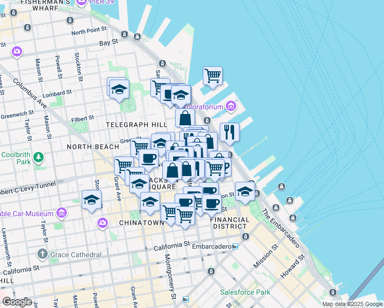map of restaurants, bars, coffee shops, grocery stores, and more near 100 Broadway in San Francisco