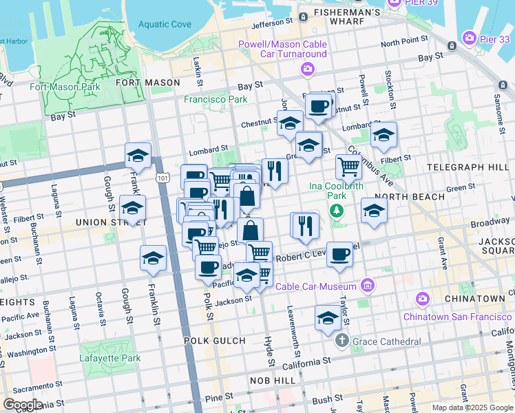 map of restaurants, bars, coffee shops, grocery stores, and more near 1134 Green Street in San Francisco